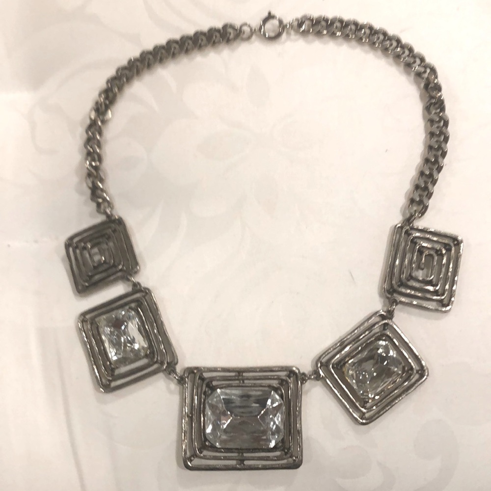 Vintage 1980’s silver and crystal statement necklace. 16 inches long